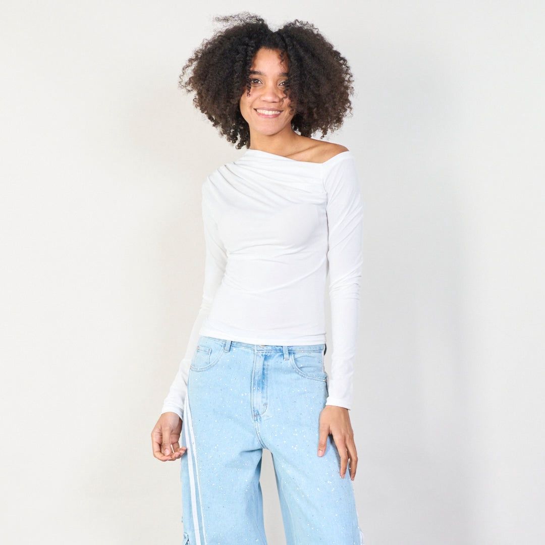 one-shoulder longsleeve, Colour: Wit