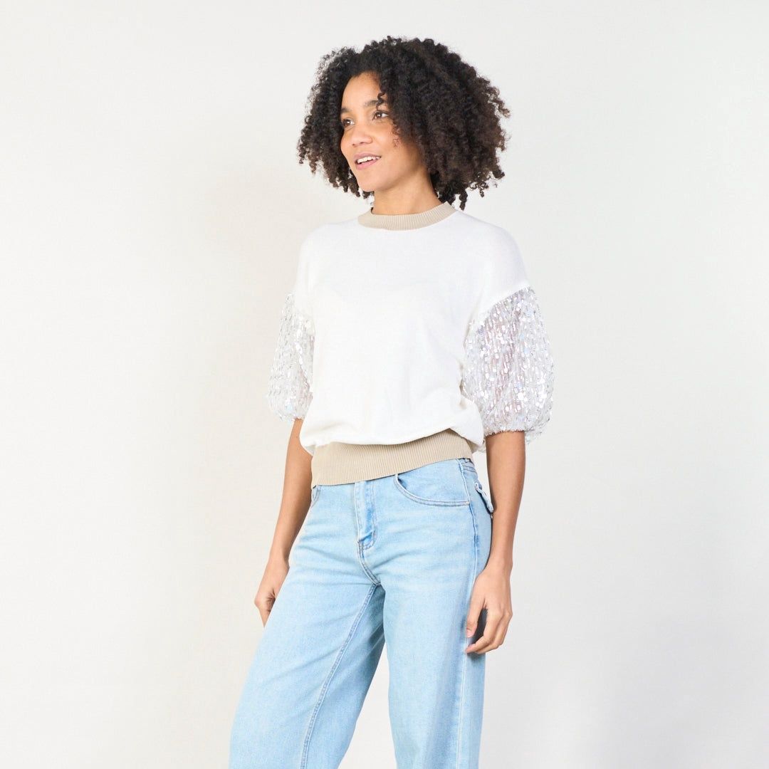 Sequin sleeve top, Colour: cream