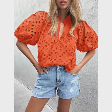 Geborduurd blousje met lantaarnmouwen/ oranje