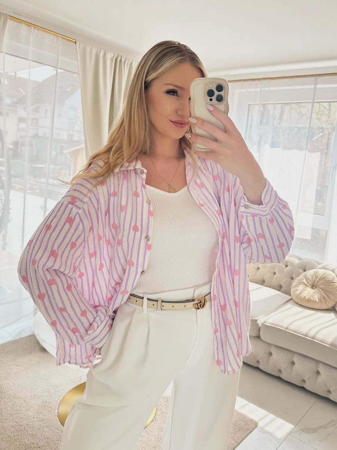Mousseline blouse met harten en strepen