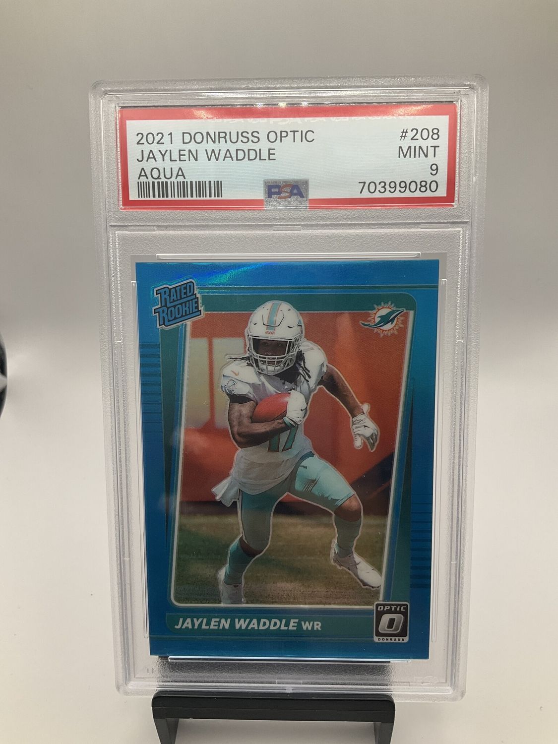 2021 Panini Donruss Optic Jaylen Waddle Rated Rookie Aqua /299 RC PSA 9