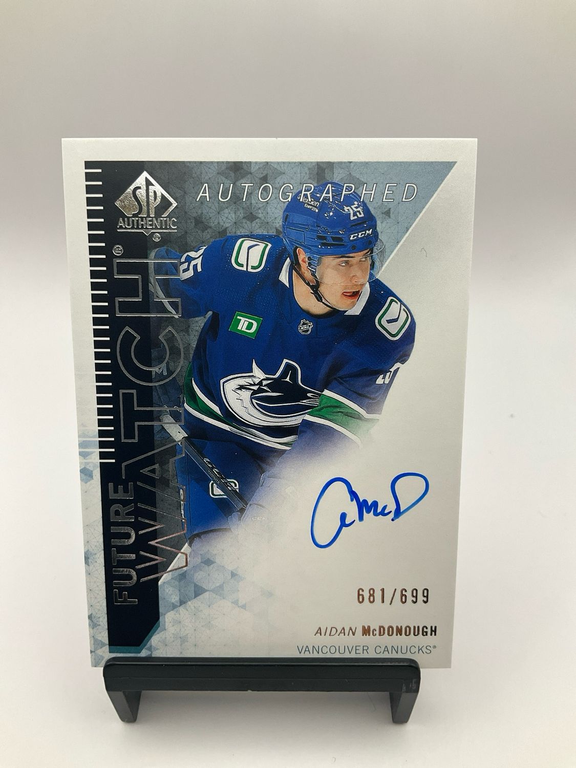 AIDAN MCDONOUGH 2023-24 SP AUTHENTIC ROOKIE ’13 RETRO FUTURE WATCH AUTO /699 RC