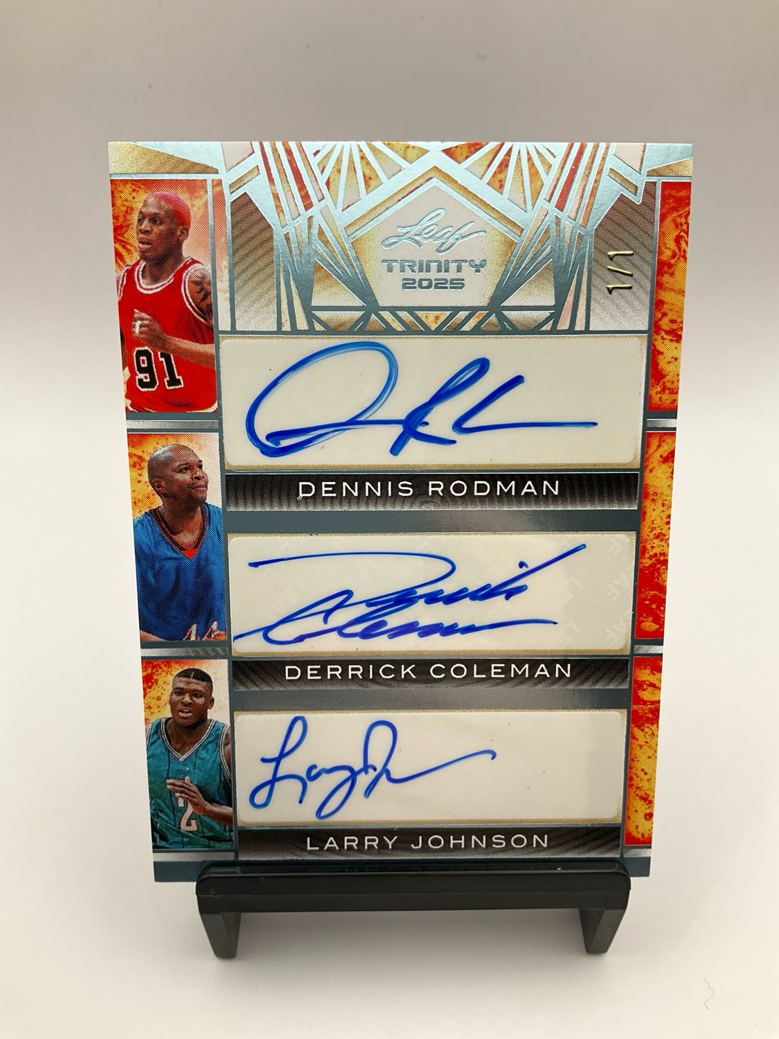 2025 LEAF TRINITY TRIPLE AUTO DENNIS RODMAN/DERRICK COLEMAN/LARRY JOHNSON 1/1