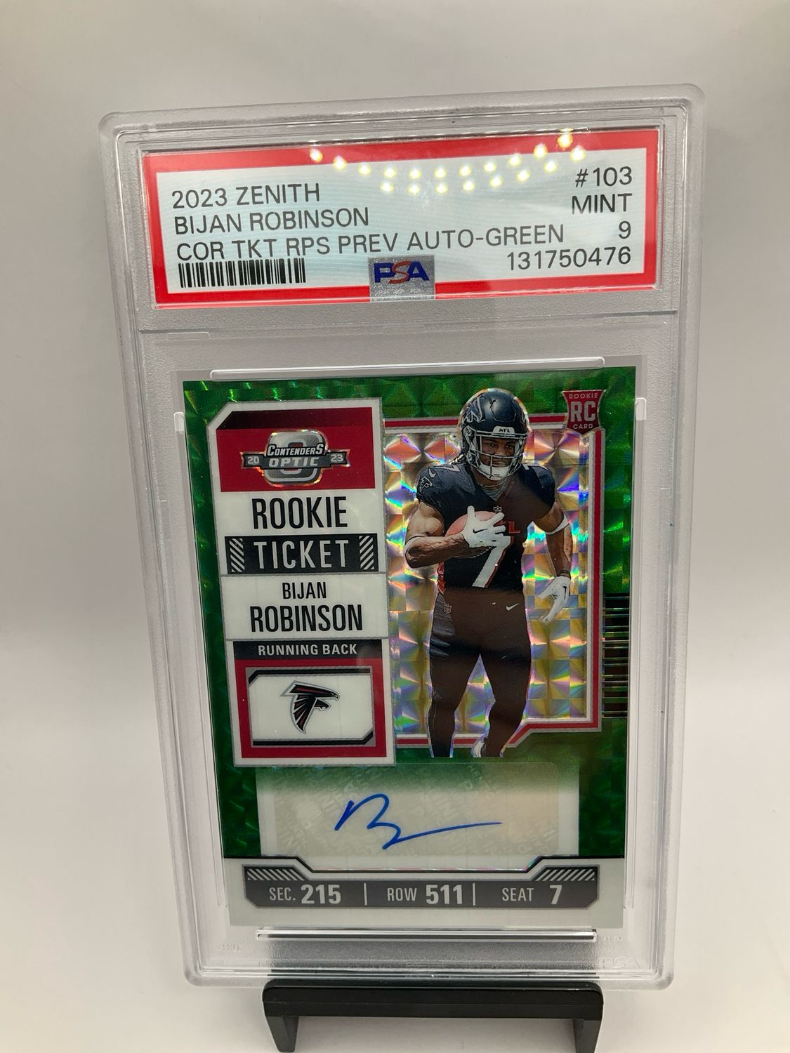 2023 Zenith Contenders Optic Rookie Ticket Bijan Robinson #103 Green Auto 20/23 PSA 9