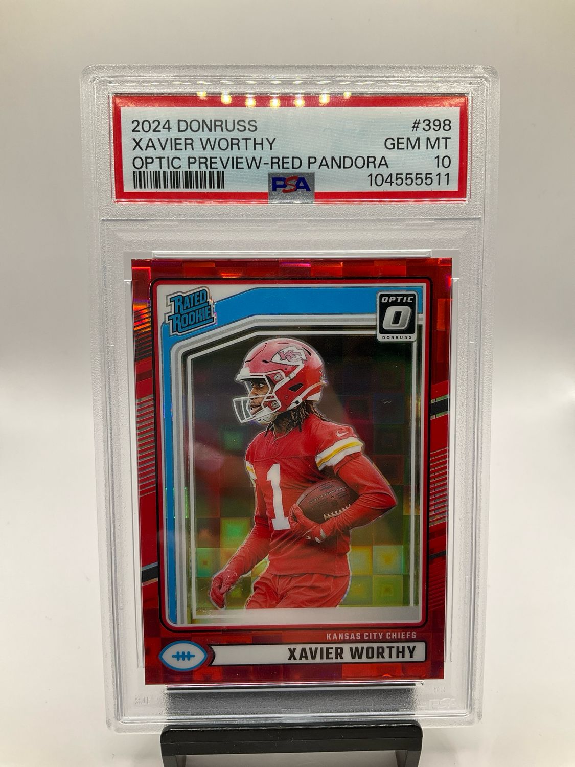 2024 Donruss Rated Rookie Xavier Worthy #398 Optic Preview Red Pandora PSA 10