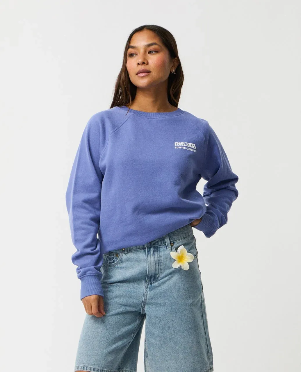 Rip Curl Women's Surf Puff Raglan Relaxed Crew Jumper - Mid Blue, Size: XS
