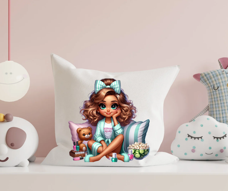 Sleepover Squad Pillow Cover – Mint Stripe Girl Design