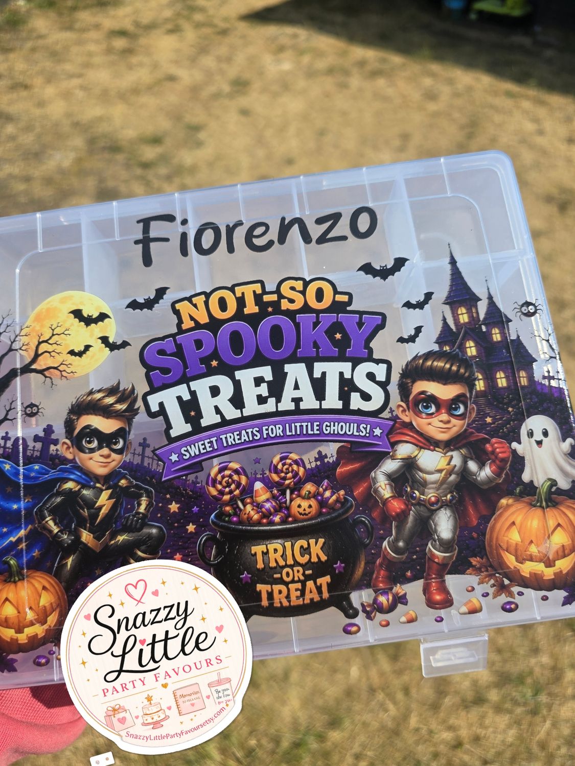Not-So-Spooky Treats | Personalised kids Halloween Snack Box | Reusable Empty Travel Box Superhero Themed