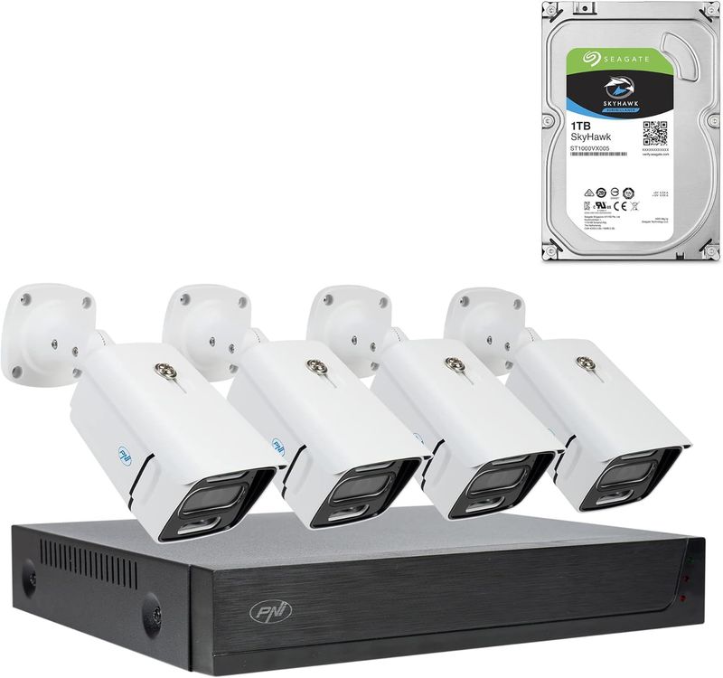 PNI House IPMAX POE 3LR video surveillance kit, NVR with 4 POE ports, 4 cameras with IP 3MP, outdoor, Power over Ethernet, HDD 1Tb Included
