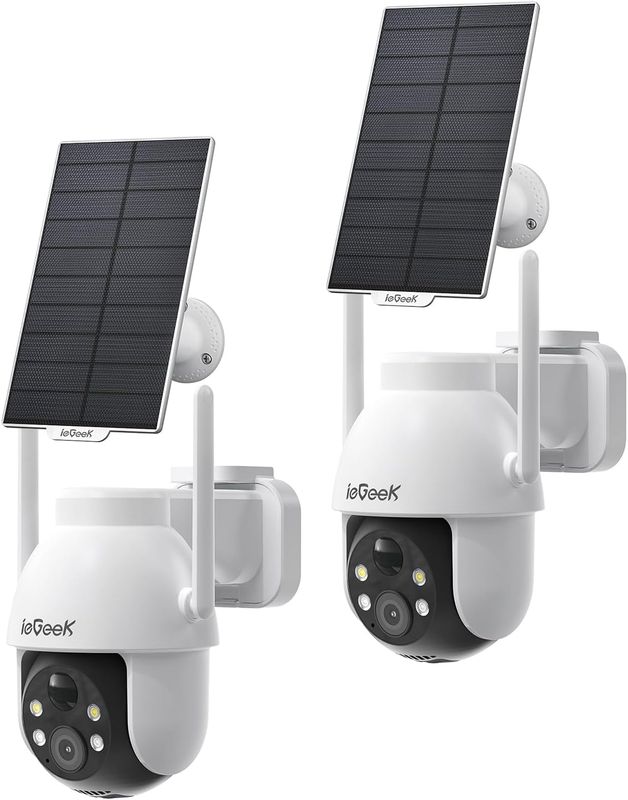 ieGeek 2K Solar Security Camera Outdoor Wireless(2pcs), 360° Pan Battery Camera with Solar Panel, Wifi CCTV Camera Systems, Color Night Vision, PIR Motion Detection, 2-Way Audio, Works with Alexa