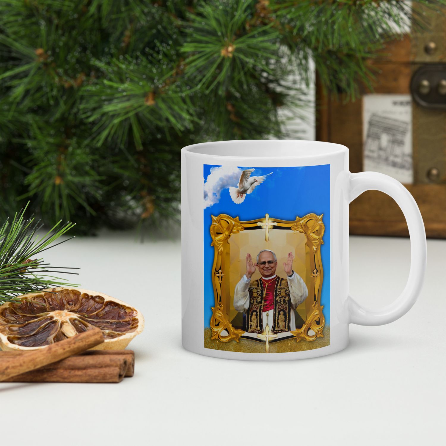 Weiße, glänzende  Milchkaffeetasse Papst Leo XIV
