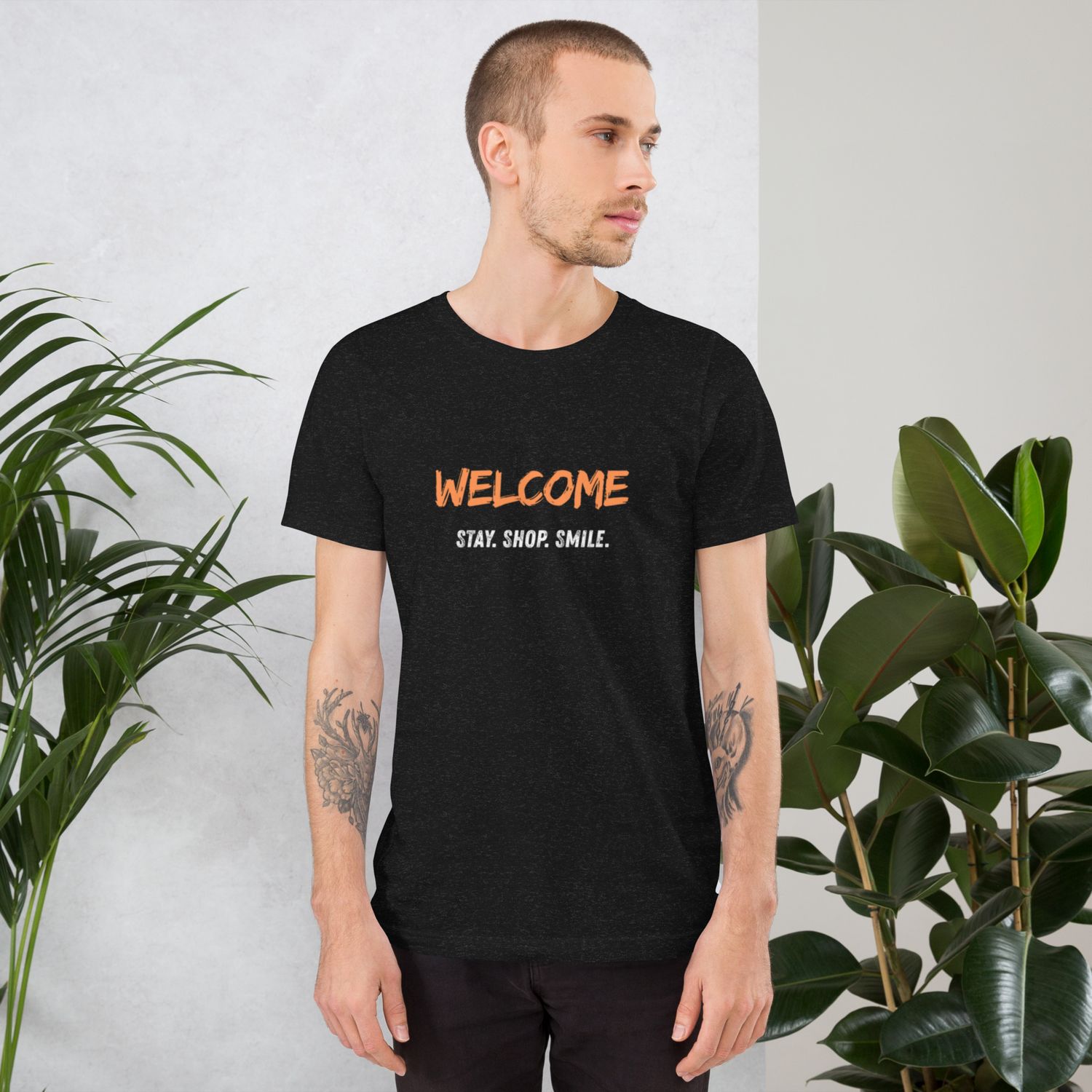 Unisex Black T-Shirt &quot;WELCOME – Stay. Shop. Smile.&quot; | Bella+Canvas 3001