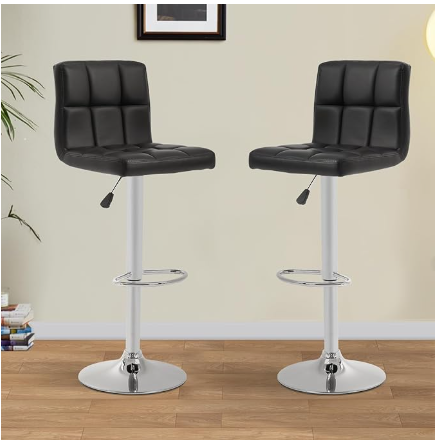 Set of 2 Black - Barstools Adjustable Counter Height Swivel PU Leather