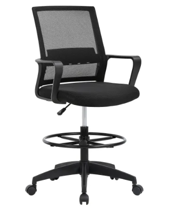 Tall Drafting Chair | Adjustable Height Office Chair with Lumbar Support, Arms, Footrest, Mid-Back Design, Swivel Rolling Mesh Desk Chair (Black)