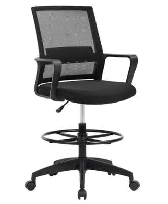 Tall Drafting Chair | Adjustable Height Office Chair with Lumbar Support, Arms, Footrest, Mid-Back Design, Swivel Rolling Mesh Desk Chair (Black)