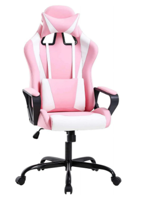 Pink Racing Office Chair, High-Back PU Leather Gaming Chair Reclining Computer Desk Chair Ergonomic Executive Swivel Rolling Chair Lumbar Support