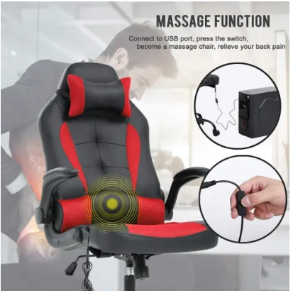 PC Gaming Chair | Racing Office Chair | Ergonomic Desk Chair | Massage Executive PU Leather Computer Chair with Lumbar Support, Headrest, Armrest, Task Rolling Chair (RED)