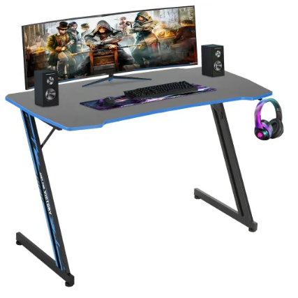 Gaming Desk Z Shaped 47 inch Gaming Workstation Ergonomic Gaming Table PC Computer Desk with Headphone Hook, Blue