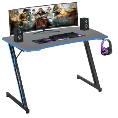 Gaming Desk Z Shaped 47 inch Gaming Workstation Ergonomic Gaming Table PC Computer Desk with Headphone Hook, Blue