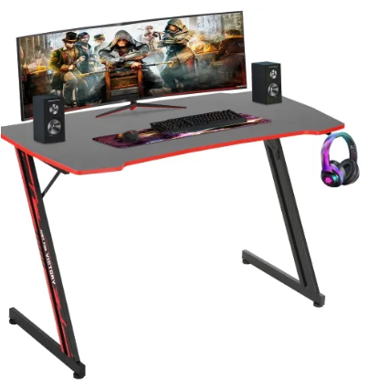 Gaming Desk Z Shaped 47 inch Gaming Workstation Ergonomic Gaming Table PC Computer Desk with Headphone Hook, Red