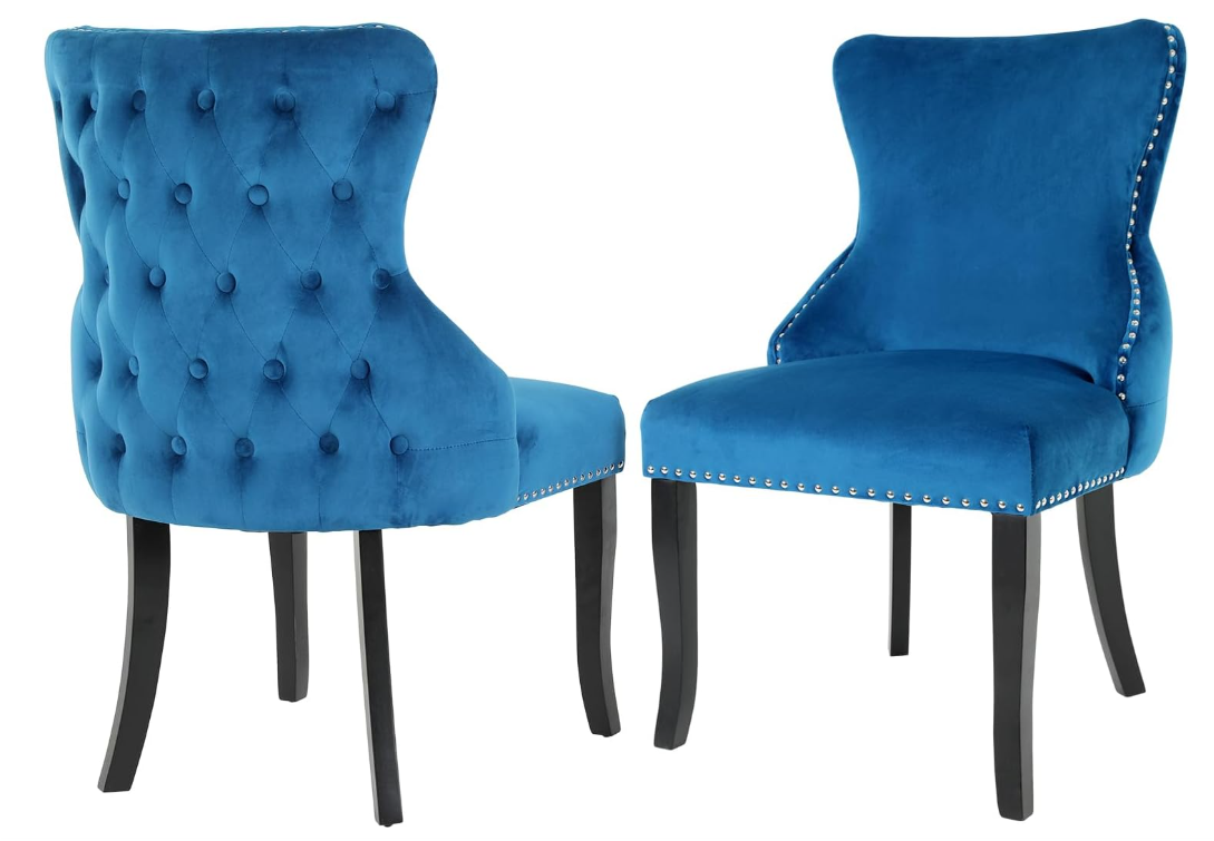 Dinning Chair Set of 2 Modern Tufted Upholstered Chairs Kitchen Chair Solid Wood Chair with Metal Side Footpads for Kitchen Bedroom Living Room, Blue Color