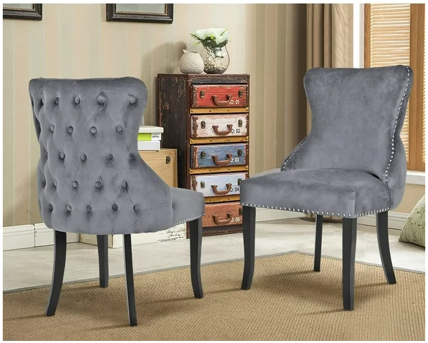 Dinning Chair Set of 2 Modern Tufted Upholstered Chairs Kitchen Chair Solid Wood Chair with Metal Side Footpads for Kitchen Bedroom Living Room, Grey Color