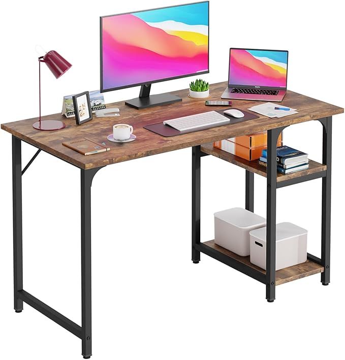47 Inch Home Office Desk Gaming Desk with Bookshelves Executive Table Workstation Modern Writing Desk for Study Room Brown