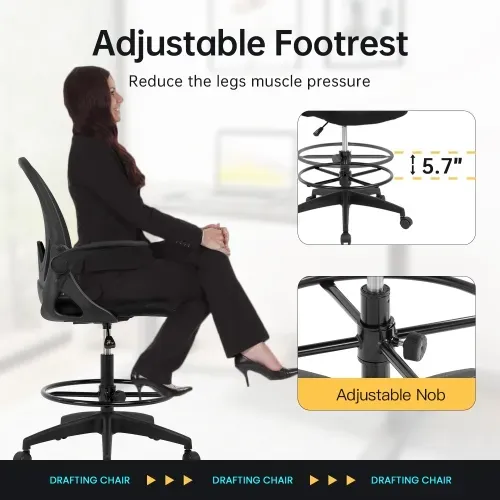 Drafting Chair Standing Desk Chair with Adjustable Foot Ring Mesh Back Tall Office Chair Task Lumbar Support Flip Up Arms Computer Chair, Black