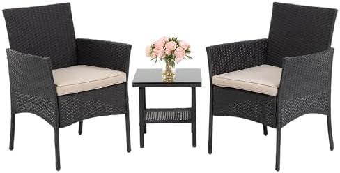 FDW Wicker Patio Furniture 3 Piece Furniture Patio Chairs Outdoor Rattan Conversation Bistro Set for Backyard Porch Poolside Lawn(Black)