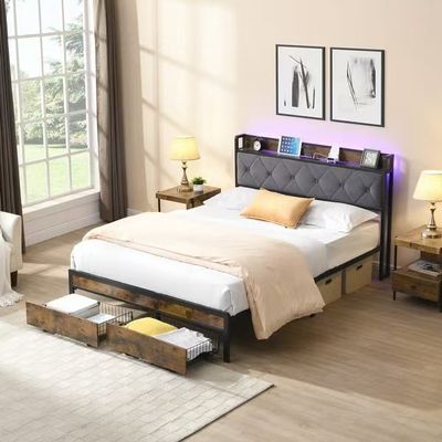 Full Size Storage Bed Frame with LED Lights Upholstered Headboard &amp; 2 Drawers, USB &amp; Charging Station, Grey - King