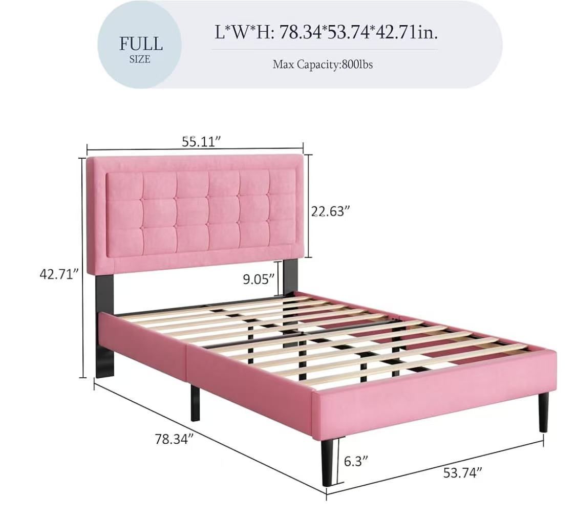 UNIZONE Full Upholstered Bed Frame with Headboard, Tufted Platform Bed with Button Headboard, Wood Slats Support, Mattress Foundation, No Box Spring Needed, Easy Assembly, Modern, Velvet, Pink