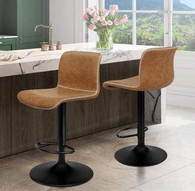Barstools with Height Adjustable Gas Lift Leather Counter Dining Chairs with Footrest & Floor Protector Vintage Fabric in Brown Colour Barstools with Height Adjustable Gas Lift Leather Counter Dining Chairs with Footrest & Floor Protector Vintage Fabric in Brown Colour