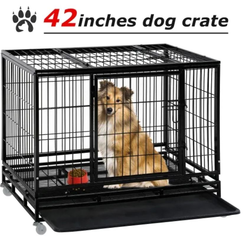 Dog crate cage kennel large medium 48 36 inches indoor outdoor metal pet playpen plastic tray double doors locks design