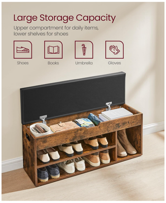 VASAGLE Storage Bench with Cushion – Rustic Brown and Ink Black