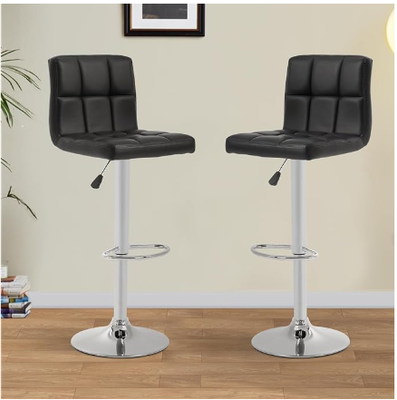 Set of 2 Black - Barstools Adjustable Counter Height Swivel PU Leather