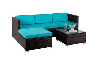 5 Pieces Outdoor Patio Furniture Sets Sectional Sofa Rattan Chair Wicker Conversation Set Outdoor Backyard Porch Poolside Balcony Garden Furniture with Coffee Table (Blue)