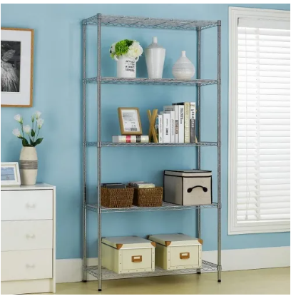 5 Shelf Wire Shelving Unit Height Adjustable Commercial Grade, Silver, Black