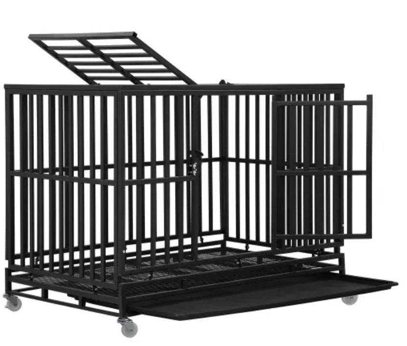 Dog crate cage kennel large medium 48 inches indoor outdoor metal pet playpen plastic tray double doors locks design
