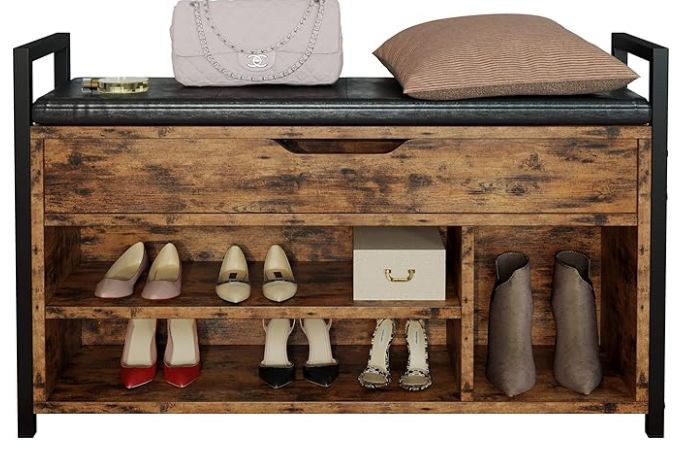 IRONCK Shoe Bench with Removable Cushion, Entryway Bench with Flip-Open Storage Box and 3 Compartments, 35.4" W × 24.4" H