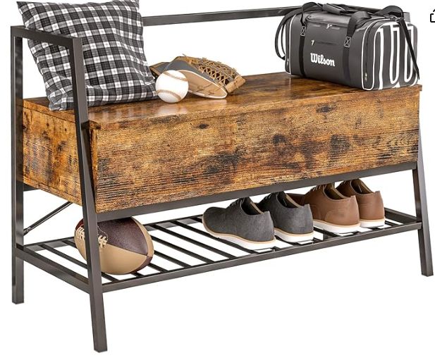 IRONCK Shoe Rack Bench, Industrial Entryway Bench with Flip-Open Storage Box, Shoe Bench with Metal Shoe Rack for Entryway, Hallway, Living Room, Vintage Brown
