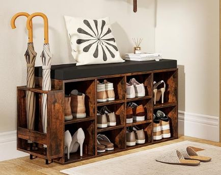 Giantex Shoe Storage Bench with Umbrella Stand, 10-Cubby Entryway Shoe Rack Organizer with Padded Seat, Adjustable &amp; Removable Shelves for Hallway, Living Room &amp; Bedroom (Rustic Brown)