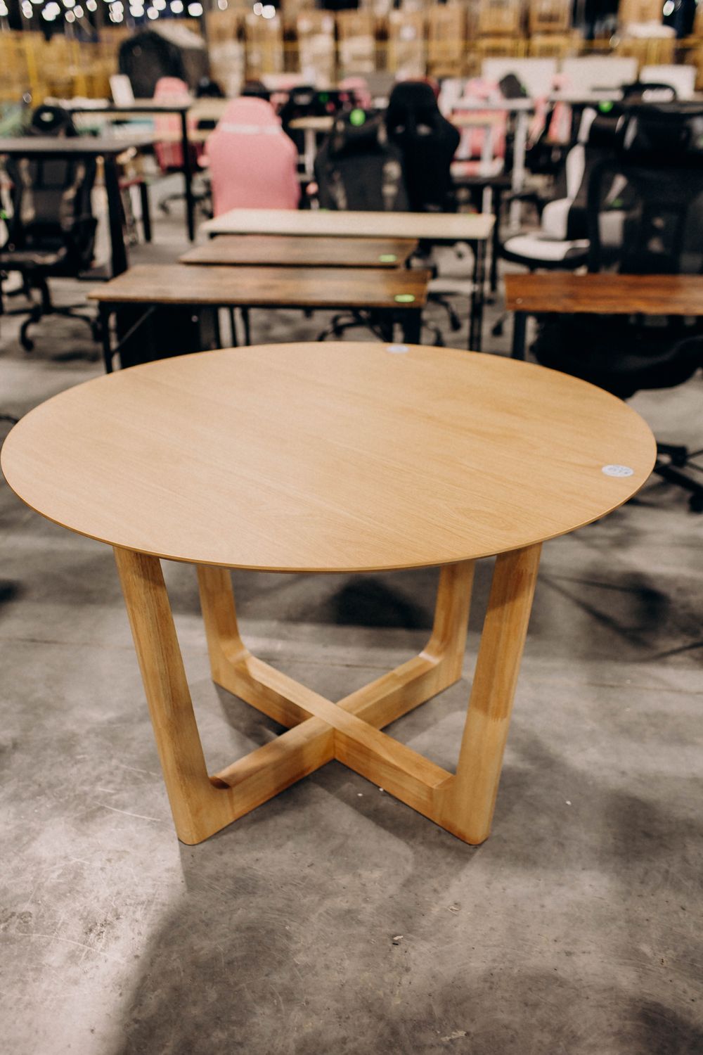 Round Light Wood Dining Table with Cross Base