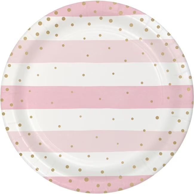 Pink and Gold Disposable Striped Paper Round Party Plates 9
