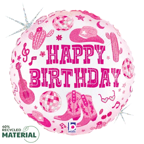 18" GLITTER HOLOGRAPHIC 40% RECYCLED ROUND BALLOON, PACKAGED DISCO COWGIRL BIRTHDAY