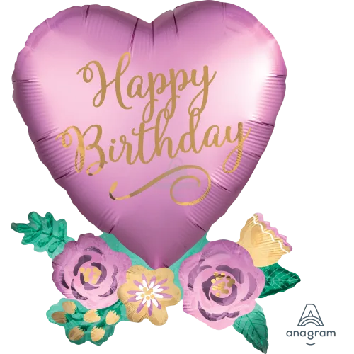 BIRTHDAY SATIN HEART WITH FLOWERS SUPER SHAPE