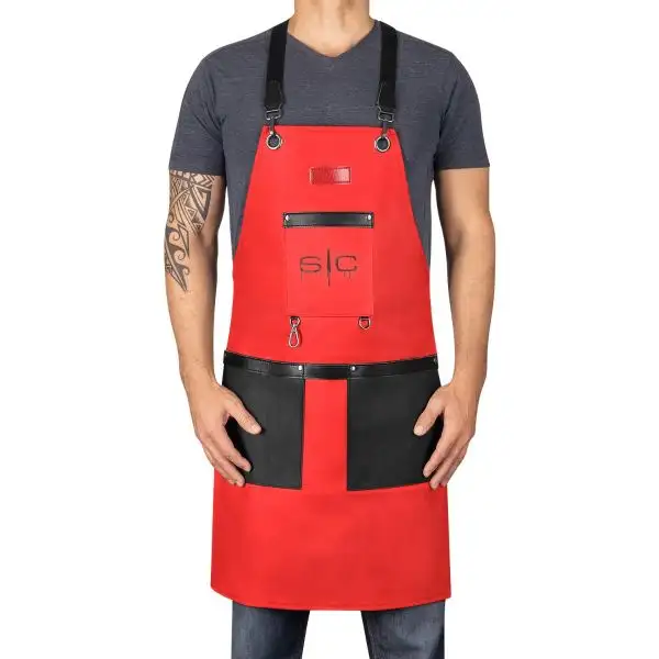 Stylecraft Waterproof Barber/Salon Apron with Crossback Strap in Red/Black Design
