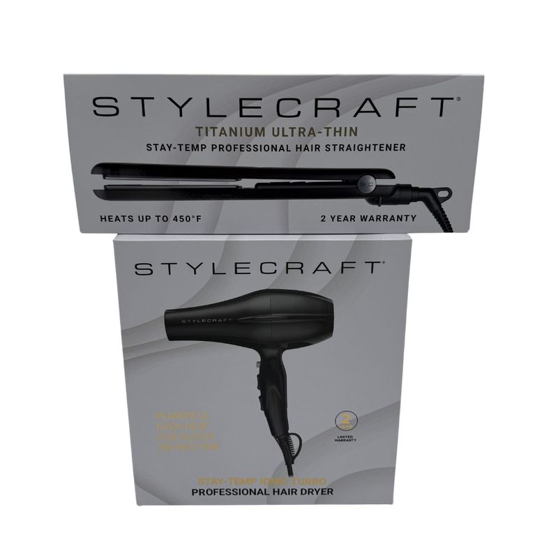 StyleCraft Stay-Temp Hair Dryer w/ Turbo Power Motor and Professional 1-Inch Titanium Flat Iron Set