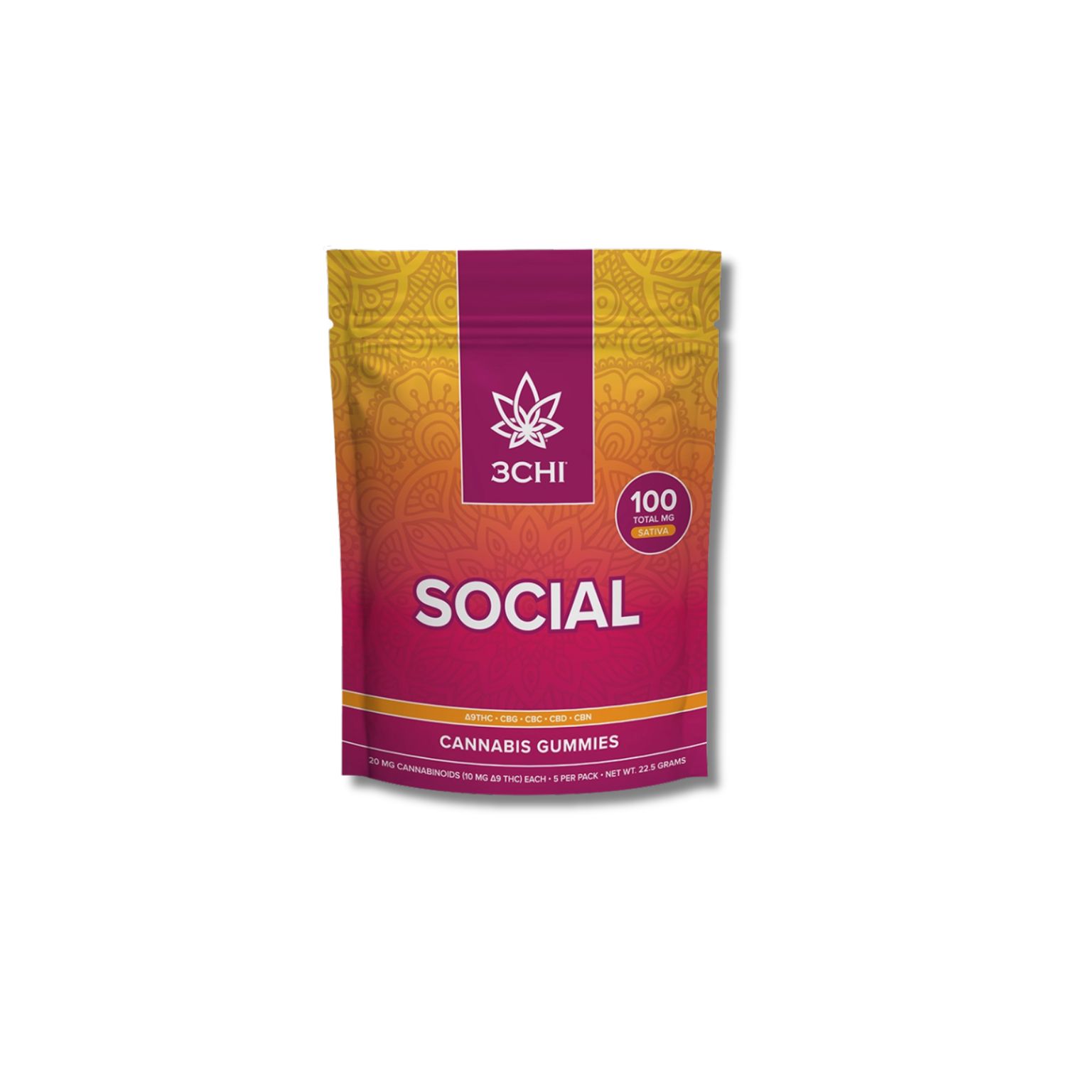 SOCIAL VIBES SATIVA 5 PACK GUMMIES 10MG THC/ CBD, CBC, CBG, CBN