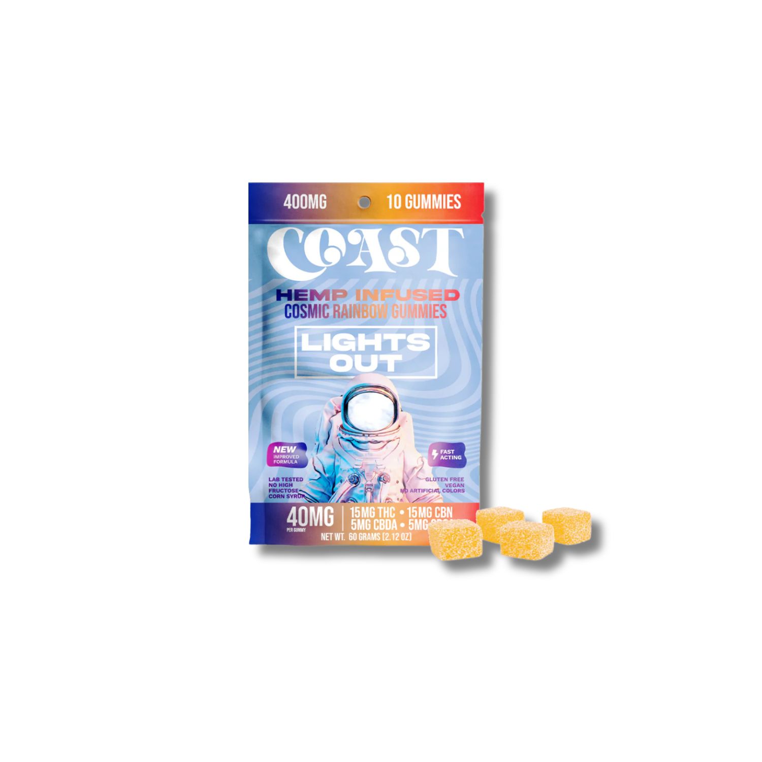 COAST COSMIC RAINBOW LIGHTS OUT GUMMIES- 15 MG THC 15 MG CBN 5MG CBDA 5MG CBGA- 10 COUNT