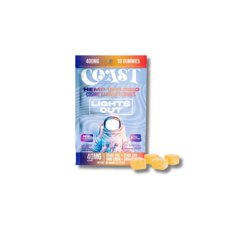 COAST COSMIC RAINBOW LIGHTS OUT GUMMIES- 15 MG THC 15 MG CBN 5MG CBDA 5MG CBGA- 10 COUNT